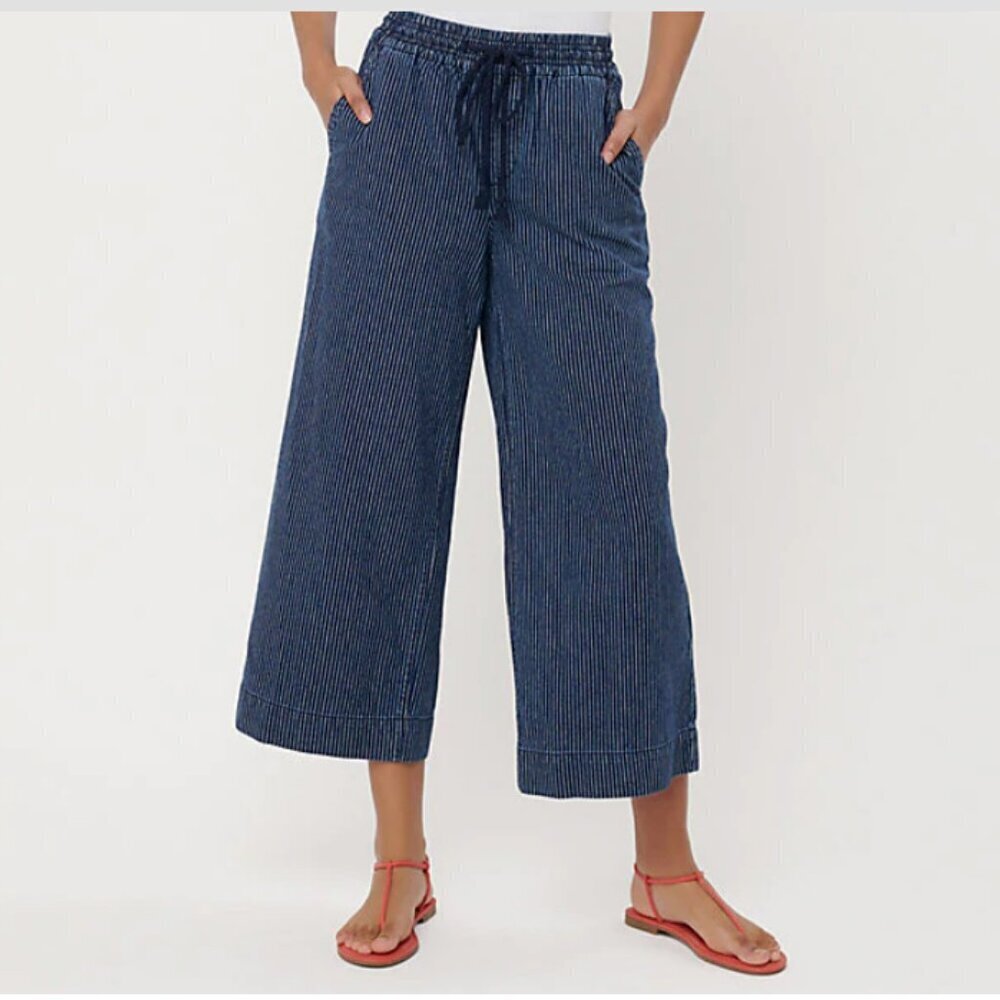 Loft‎ Wide Leg Crop Pull On Jeans in Railroad Stripe Navy Pinstripe